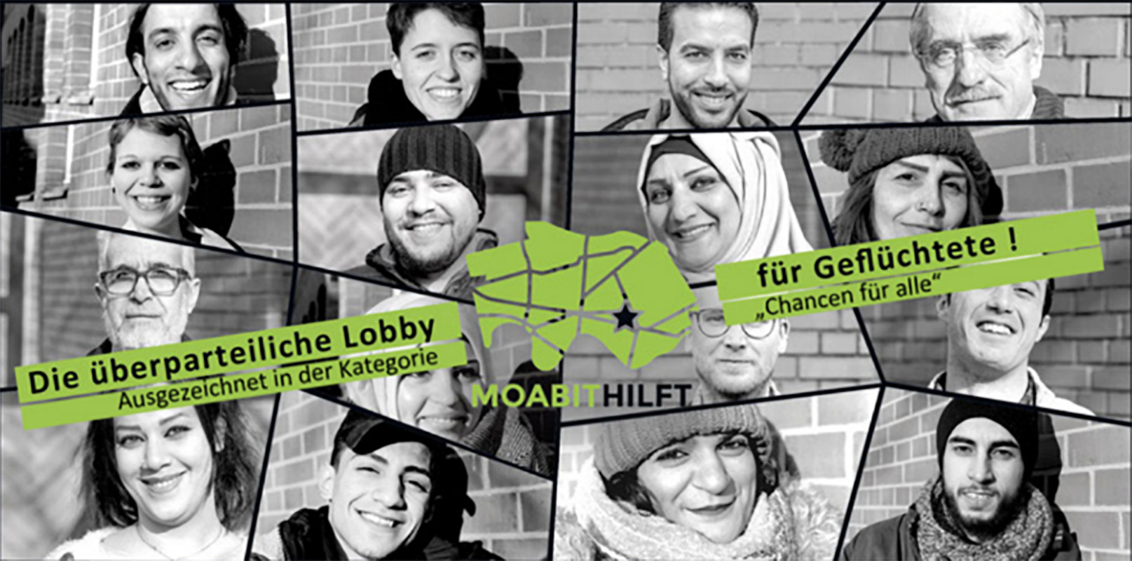 Collage aus Porträts verschiedener lächelnder Menschen vor einer Ziegelmauer, darunter ein Textbanner.