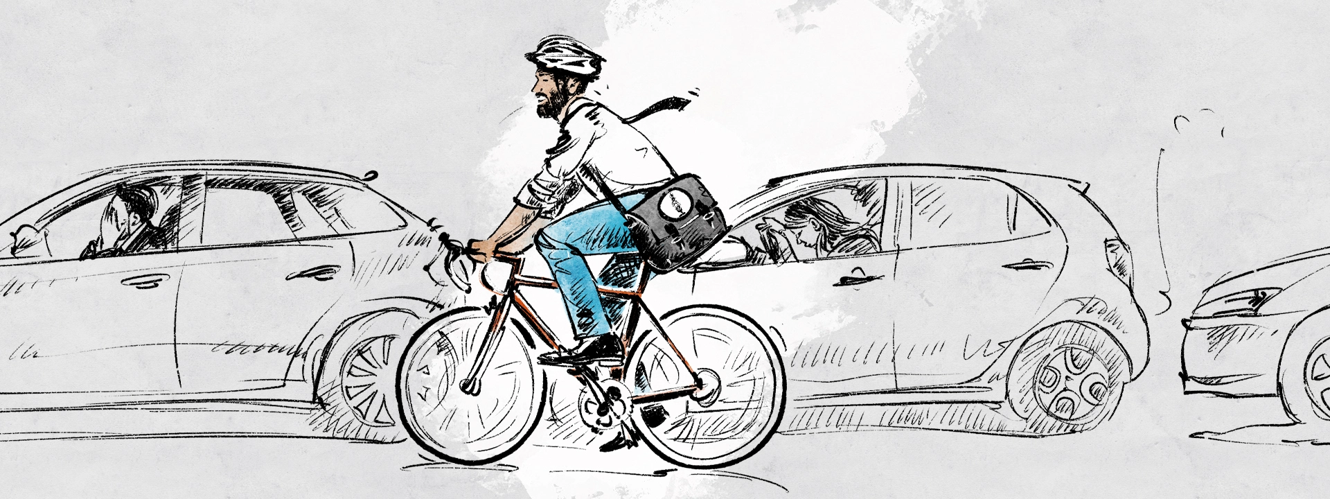Ein Radfahrer mit Helm und Rucksack zeigt beim Überholen von Autos ein Handzeichen.