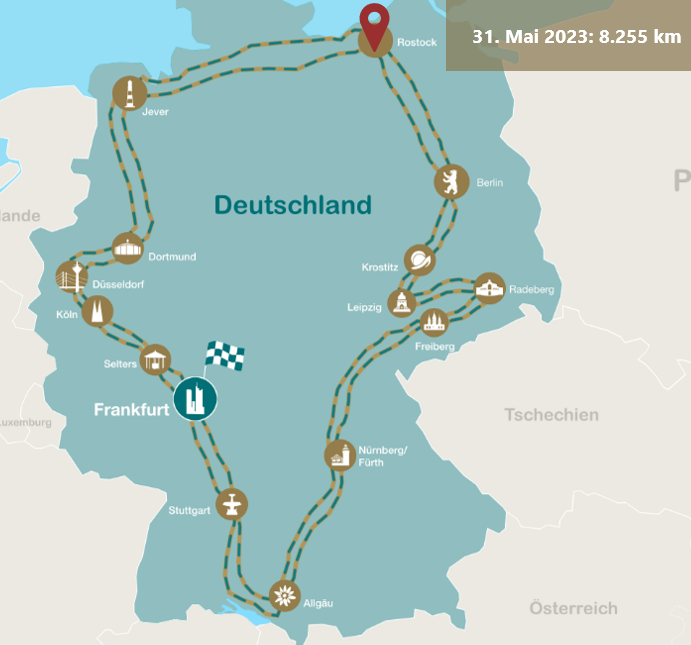 Karte von Deutschland zeigt eine Route mit Symbolen für verschiedene Städte und Attraktionen.