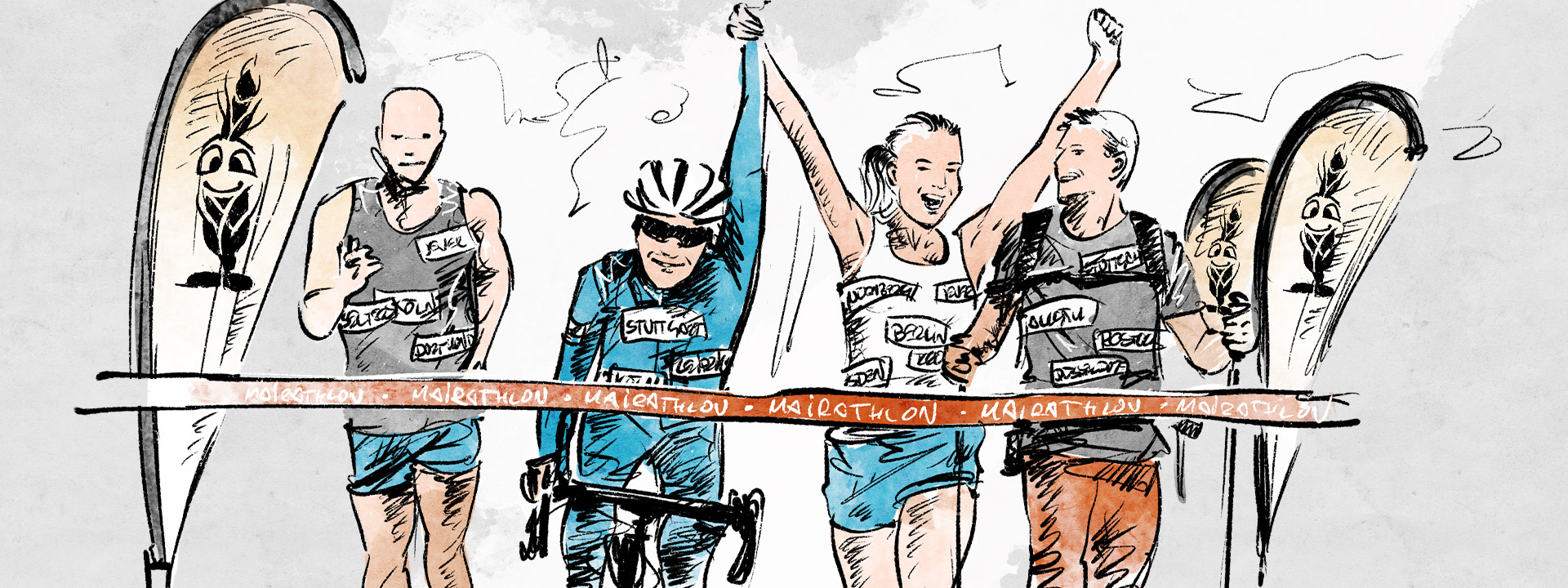 Fünf Cartoon-Sportler überqueren lachend die Ziellinie eines Marathons.