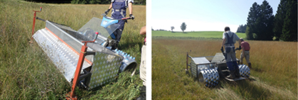 Zwei Bilder zeigen landwirtschaftliche Geräte im Einsatz auf einem Feld.