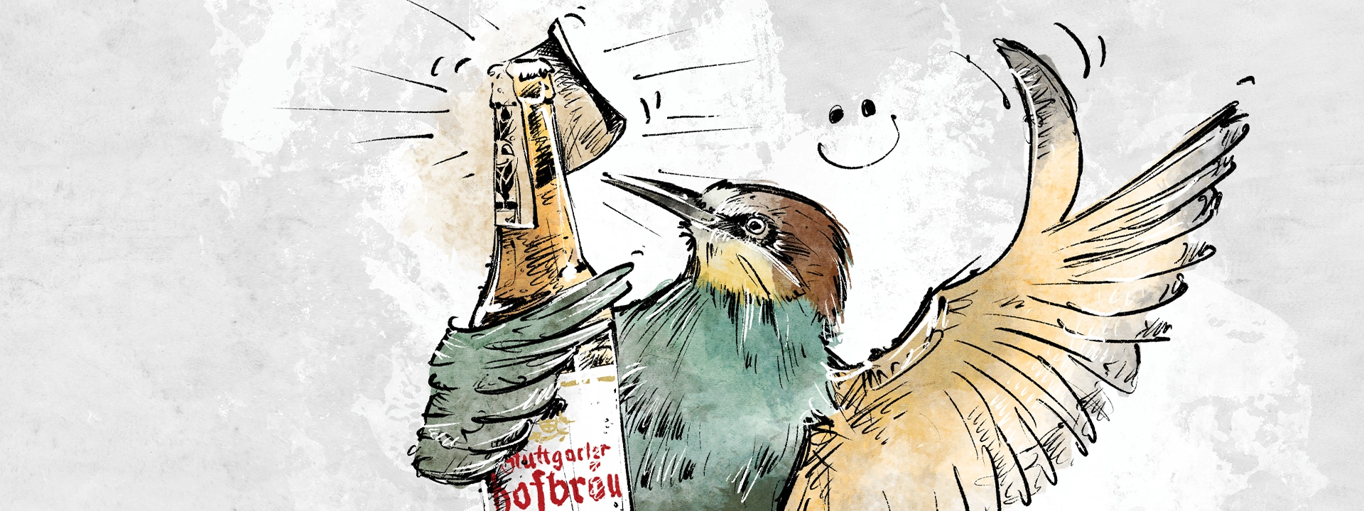 Ein Vogel mit menschlichen Händen hält einen Bierkrug, der ein lächelndes Gesicht zeigt.