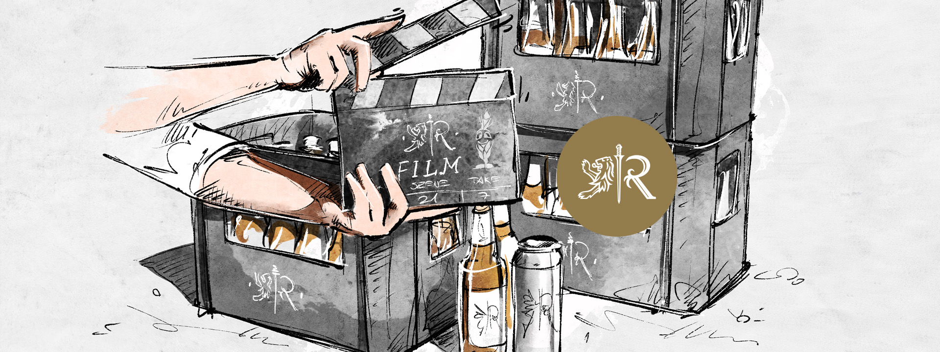 Hände öffnen eine Filmklappe vor einem Regal voller Filmspulen und Zeichnungen.