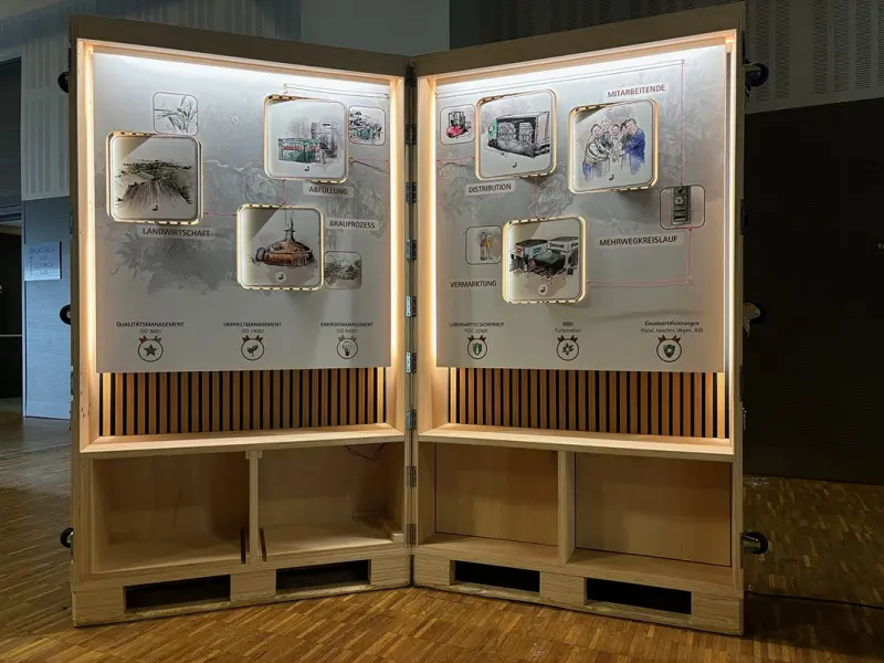 Eine beleuchtete Ausstellungswand zeigt verschiedene Aspekte der Brauereiarbeit mit Bildern und Texten.