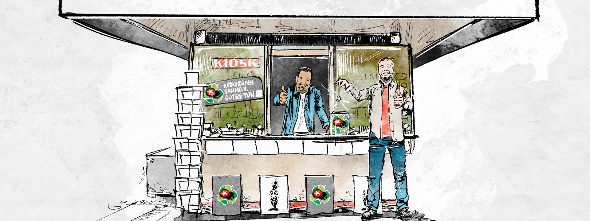 Zwei Männer stehen lächelnd in einem Kiosk und der eine zeigt Daumen hoch.