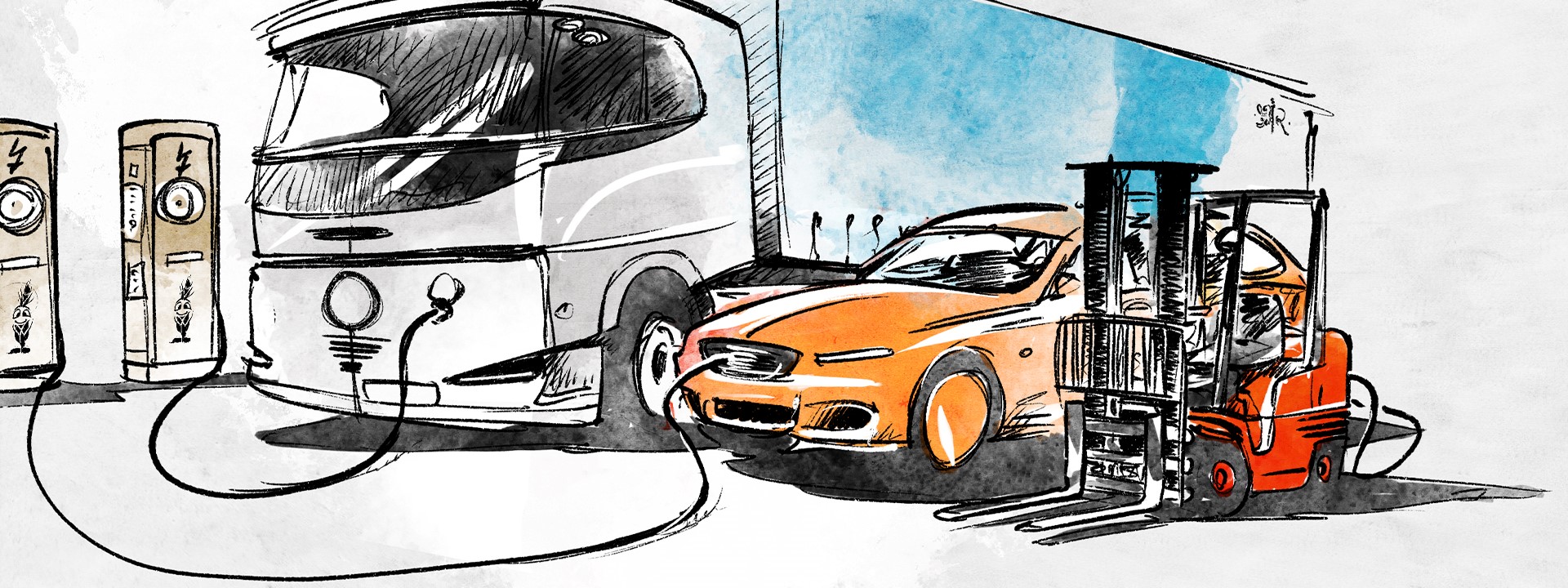 Ein oranges Sportauto wird an einer Ladestation für Elektrofahrzeuge aufgeladen.