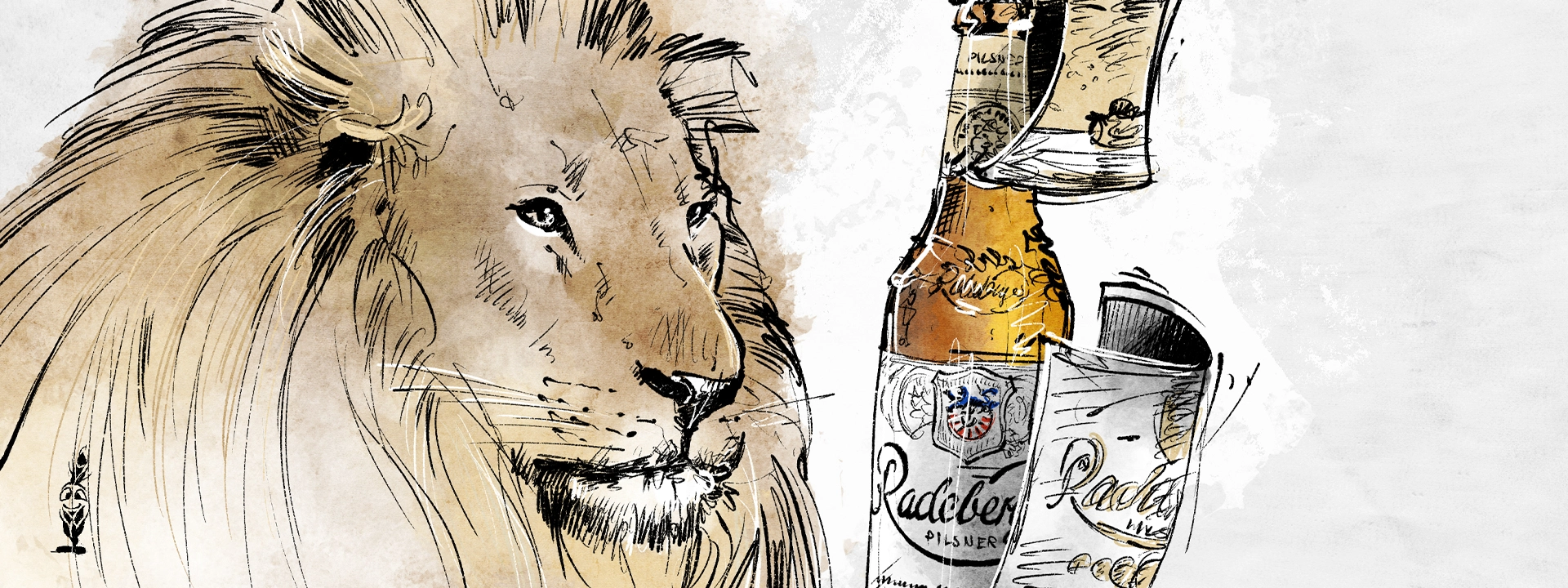 Ein Löwenkopf ist neben einer gezeichneten Flasche Bier illustriert.