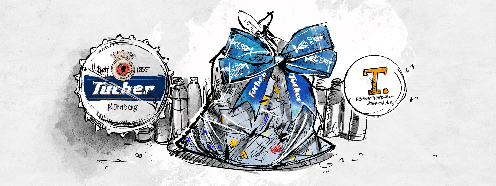 Zwei Bierfässer und mehrere Flaschen umgeben von einem großen, blauen Schleifengeschenk.