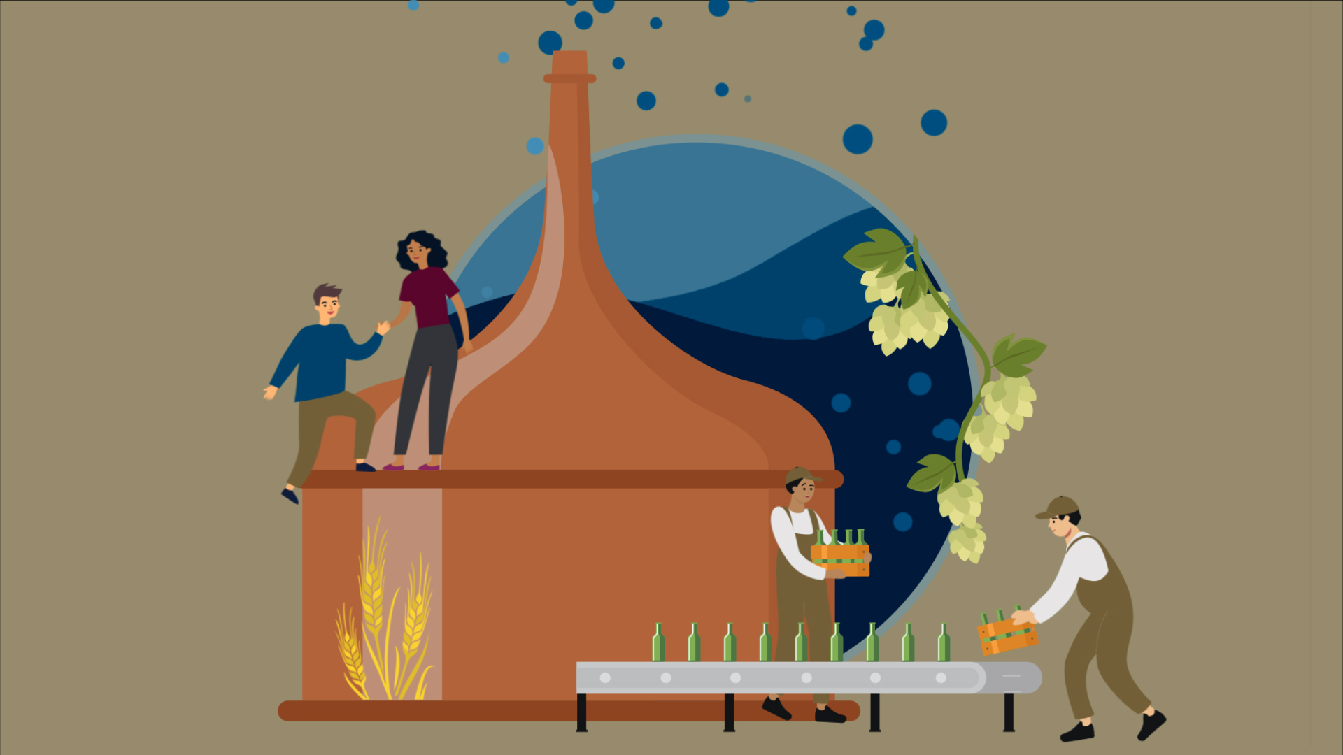 Illustration einer Brauerei mit vier Menschen bei der Bierherstellung und Abfüllung, umgeben von Hopfen und Getreide.